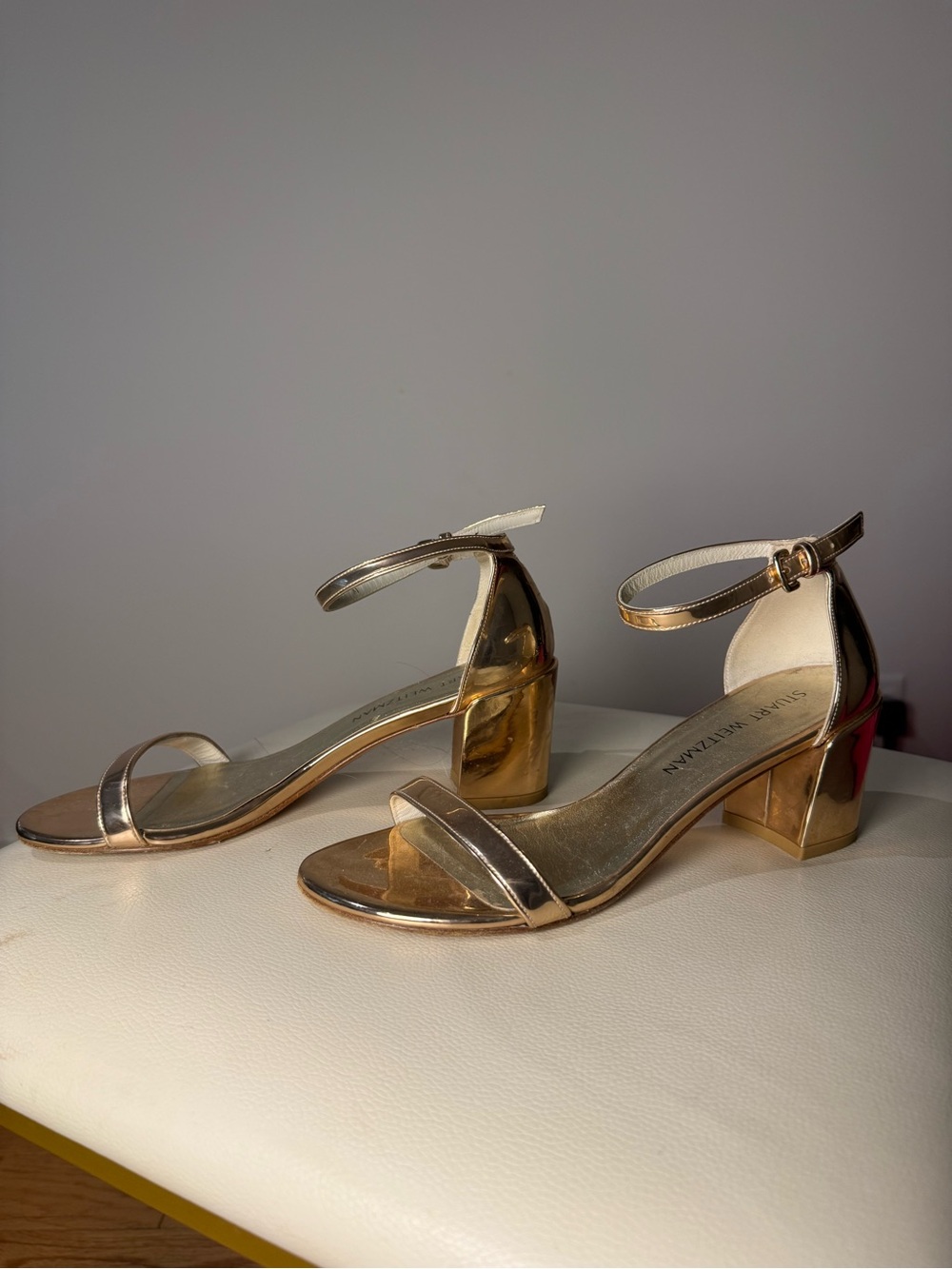 Stuart Weitzman Amelina Rose Gold Block Heel Ankle Strap Sandals Size 7 M